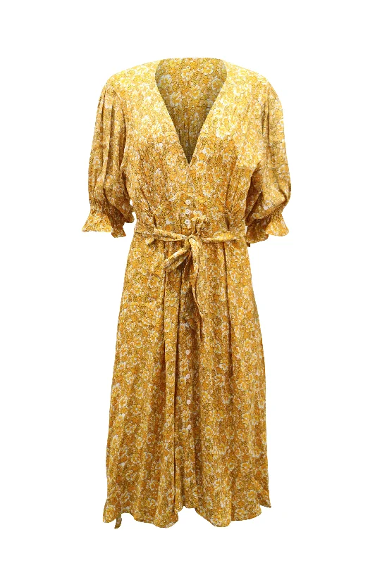 Sneak Peek Sale Faithfull The Brand Floral-Print Waist Tie Midi Dress in Yellow Rayon