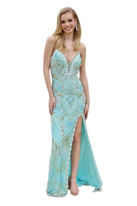Crazy Deals Primavera Couture 4382 Size 4, 10 Mint Long Beaded  Prom Dress Strapless Corset Slit V Neck Formal Evening Gown