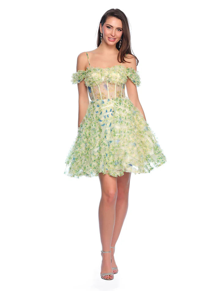 Quick Sale Dave & Johnny 11767 Size 0,6,12 Green Print Short Ruffle Homecoming Dress Sheer Corset off the shoulder Cocktail Gown