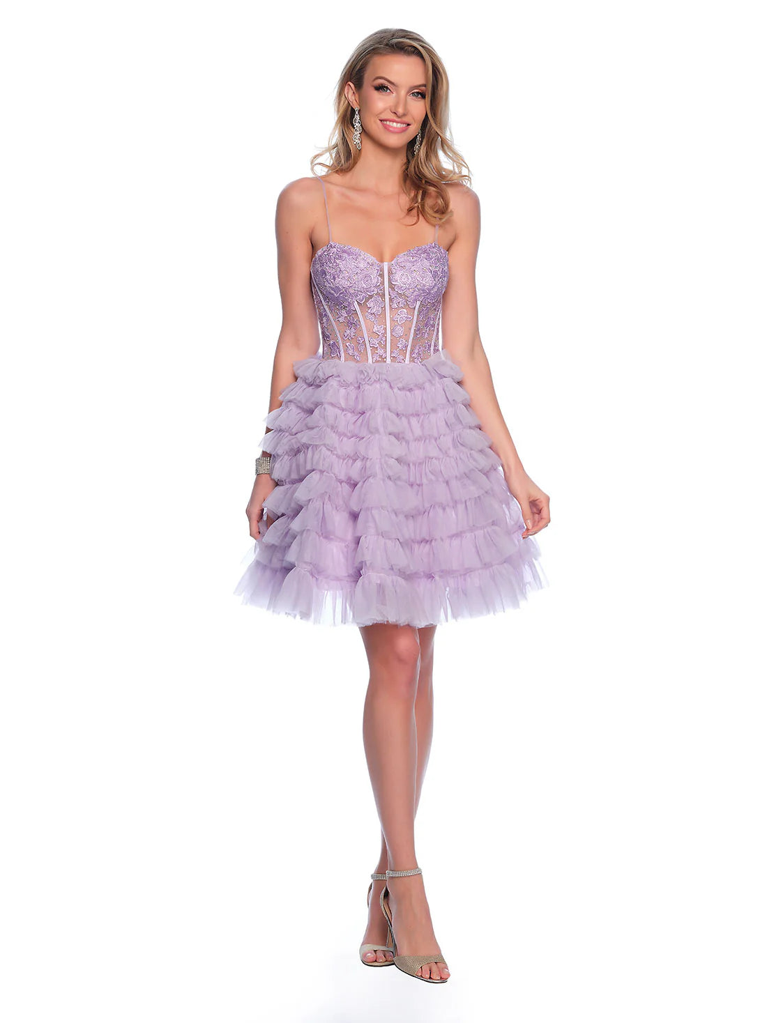 Instant Discount Dave & Johnny 11766 Size 8 Lilac Layer Ruffle A Line Homecoming Dress Sheer Lace Corset Cocktail Gown