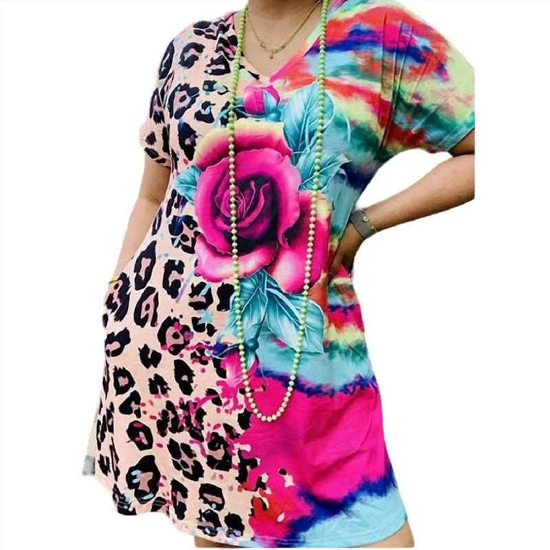 Savings Galore Leopard And Tie Dye Floral Dress In Pink Multi