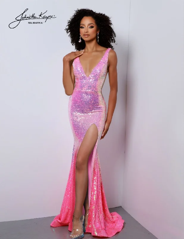 Quick Sale Johnathan Kayne 2829 Size 0 Hot Pink Long Prom Dress Fitted V Neck Ombre Sequin High Slit Formal Pageant Gown