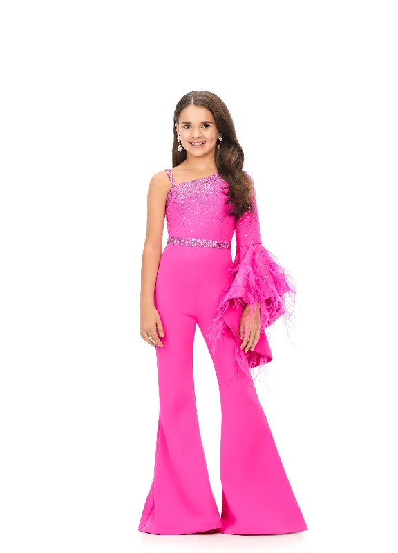 Savings Galore Ashley Lauren Kids 8178 Size 12 Fuchsia Girls Jumpsuit Scuba One Shoulder Jumpsuit with Bell Sleeve