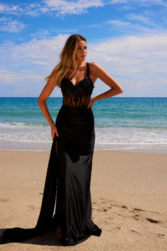 Bargain Blast Nox Anabel E1711 Size 8 Black Sheer Sequin Corset Slit Overskirt Prom Dress Formal Evening Gown Ruched