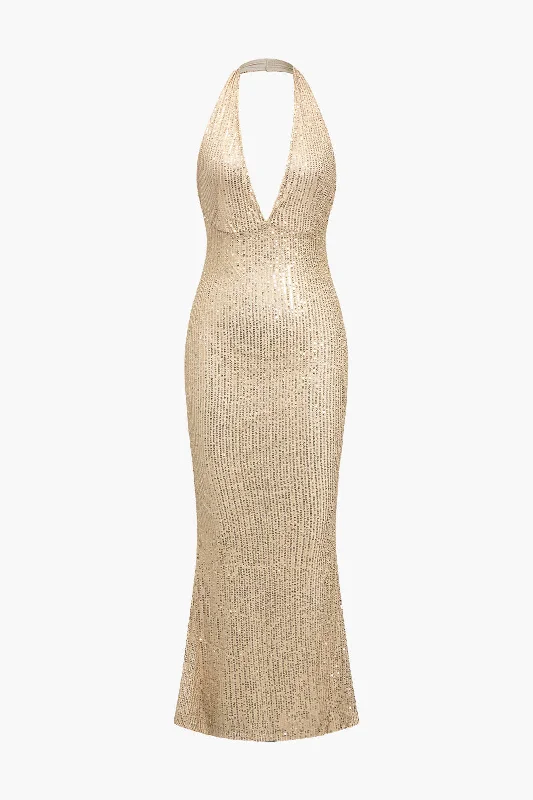 Steals and Deals Halter Neck Backless Sequin Maxi Dress