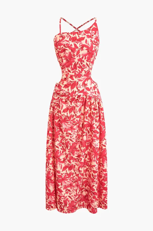 New Deals Floral Print Criss Cross Backless Slit Midi Dress