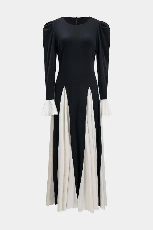 Blowout Sale Patchwork Pleated Long Sleeve Maxi Dress