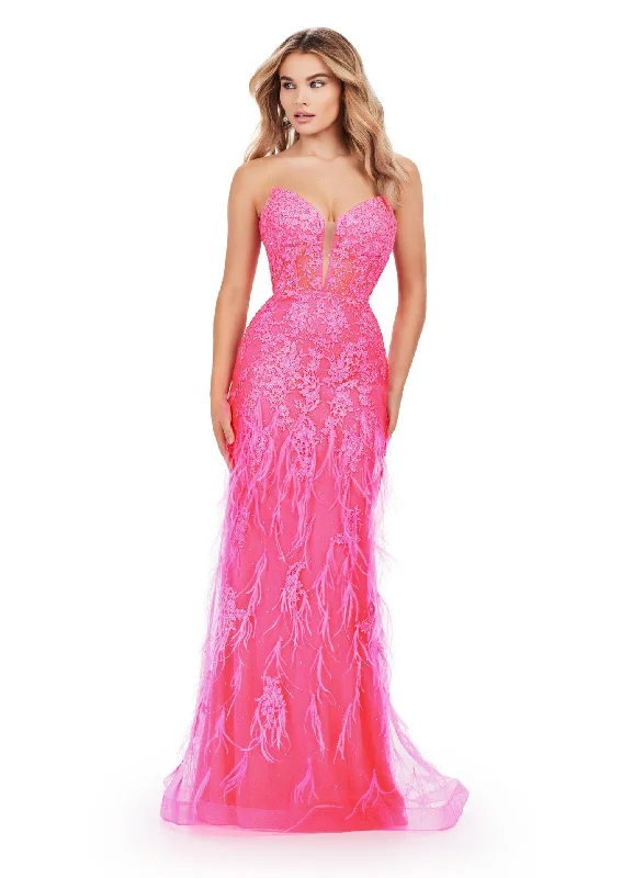Unmissable Offer Ashley Lauren 11483 Size 2 Hot Pink Long Prom Dress Corset Strapless Embroidered Gown V-Neckline Feather Details Formal Pageant Gown