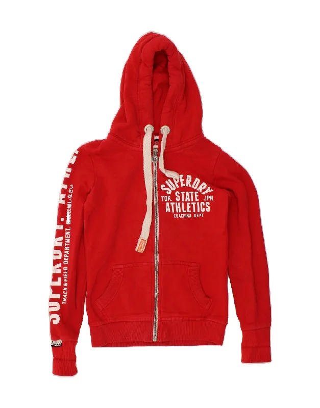 New Deals SUPERDRY Womens Graphic Zip Hoodie Sweater UK 2 2XS Red Cotton