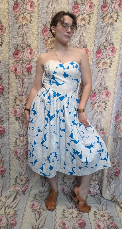 Extra Savings Vintage 80s Blue/White Strapless Dress