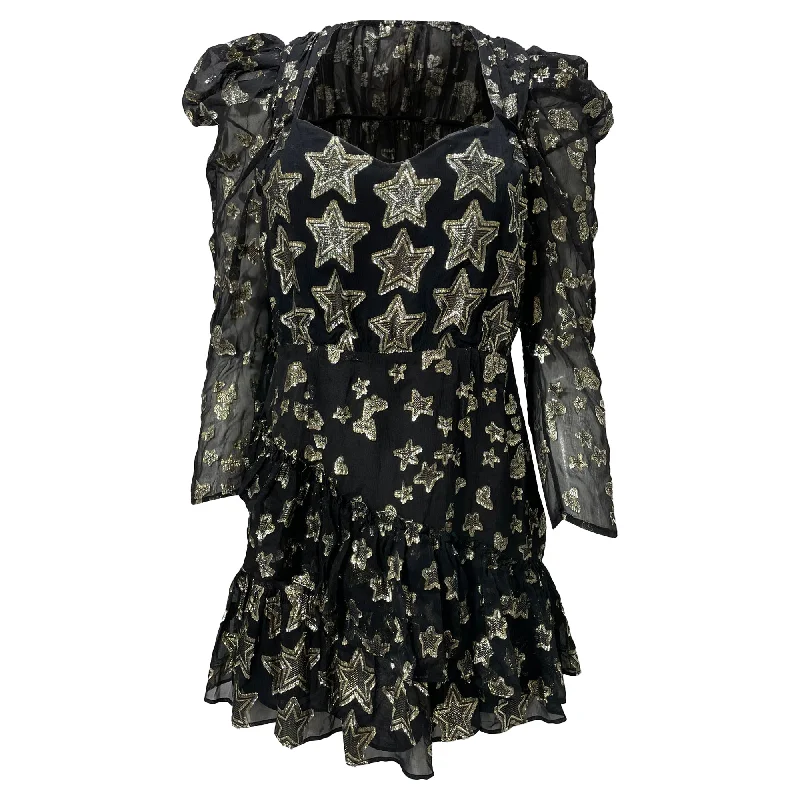 Members Only Loveshackfancy Star-Embroidered Detail Mini Long Sleeve dress in Black Polyester