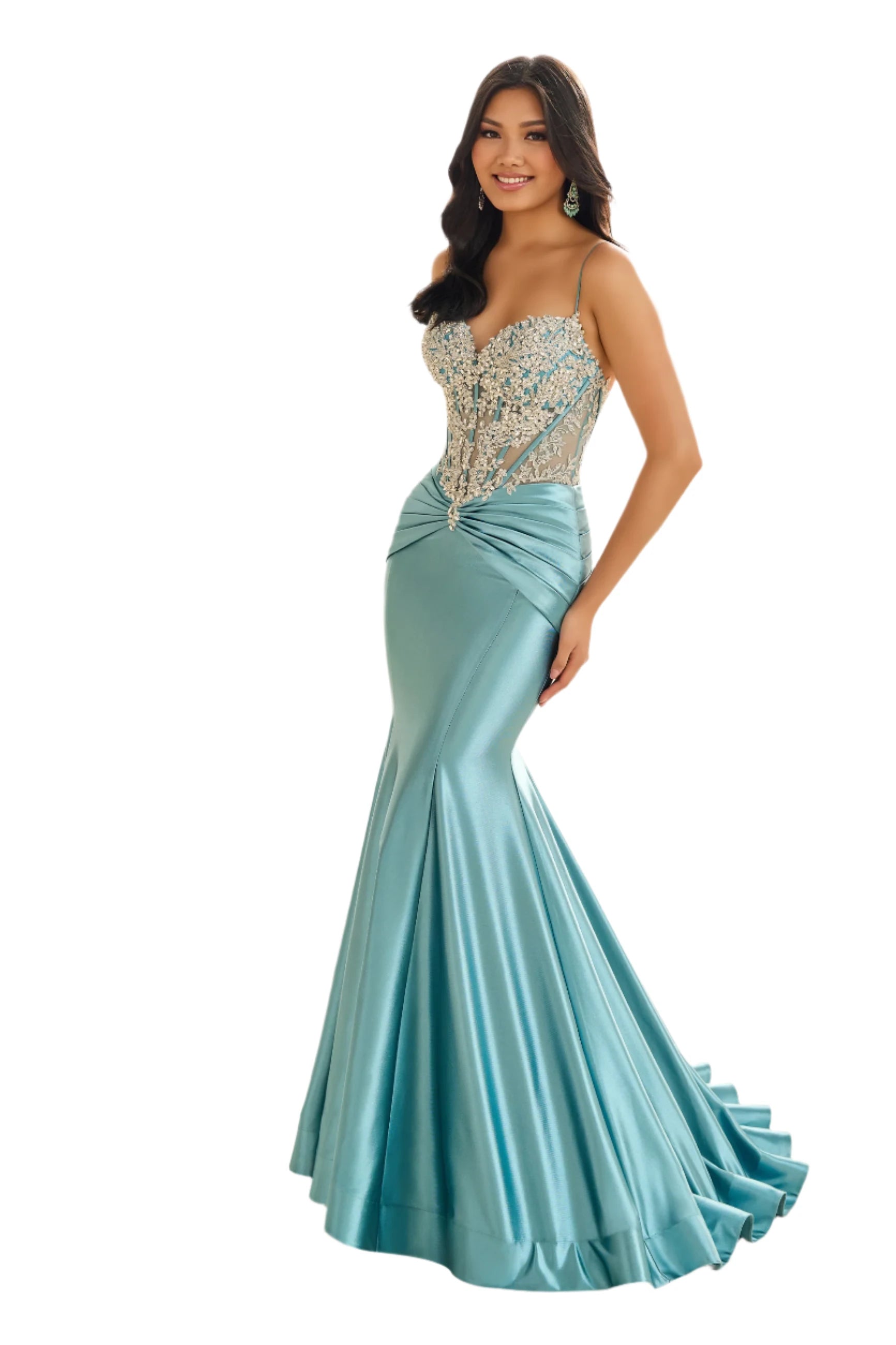 Blowout Deals Ellie Wilde EW36004 Size 0,2 Sea Glass Sheer Sequin Lace Mermaid Prom Dress Pageant Gown Train Formal evening gown