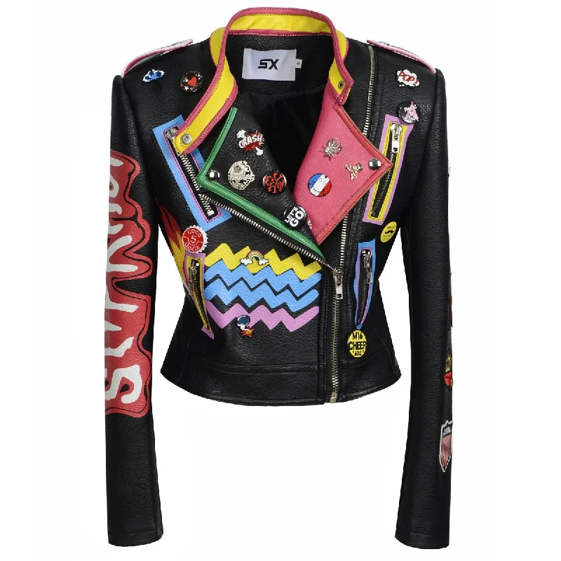 Warehouse Sale Women Faux Leather Graffiti Print Jacket / Rock Rave Outfits / Motorcycle Zipper Jacket