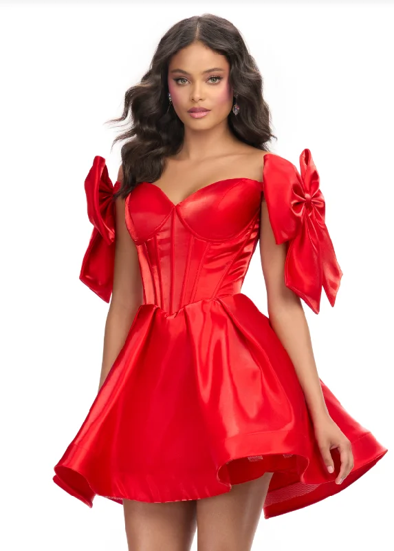 Bargain Prices Ashley Lauren 4788 Size 6, 10 Red Corset Bodice Cocktail Dress Off the Shoulder Bow Straps A line Short Skirt