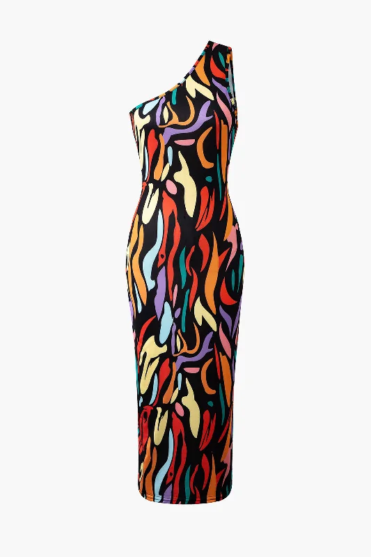 Major Savings Abstract Print One Shoulder Cut Out Midi Dress