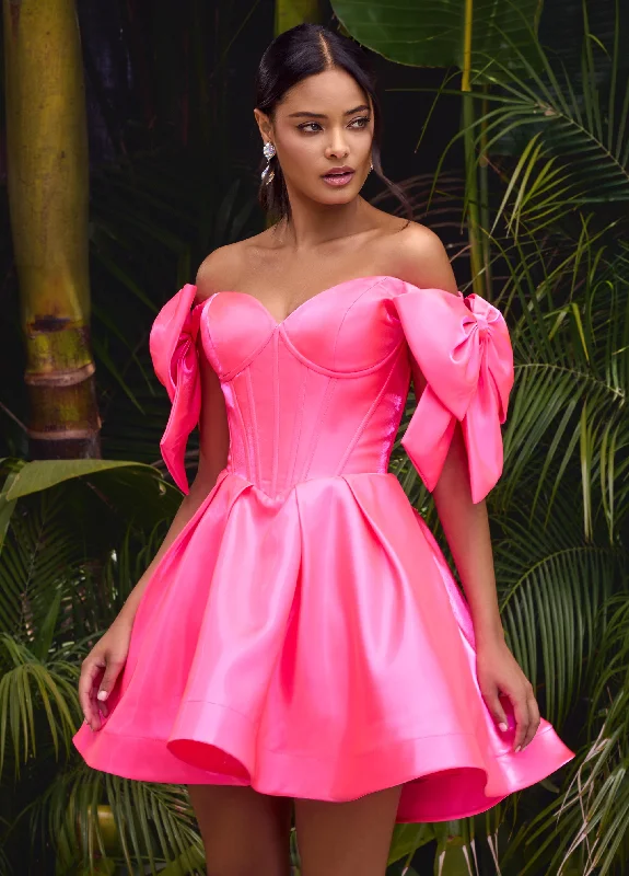 Best Bargains Ashley Lauren 4788 Size 0,2,4,8 Hot Pink Corset Bodice Cocktail Dress Off the Shoulder Bow Straps A line Short Skirt