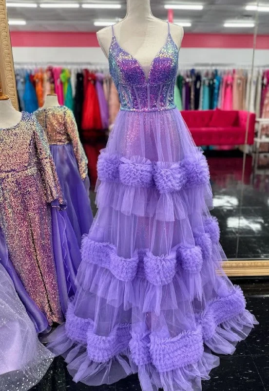 Limited Stock Candice Wang 72377 Size 4, 10 Purple Sequin V Neck Fitted Prom Dress A Line Pleated Tulle Skirt Layer Gown