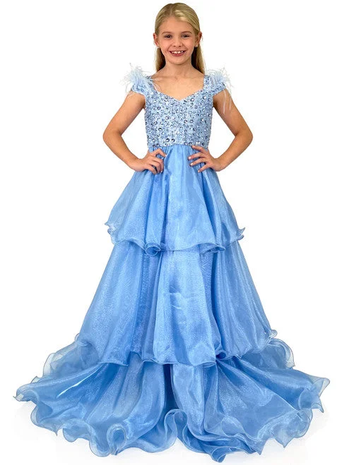 Members Only Marc Defang 5143 Girls Pageant Dress Feather Strap Shimmer layer Ballgown Organza