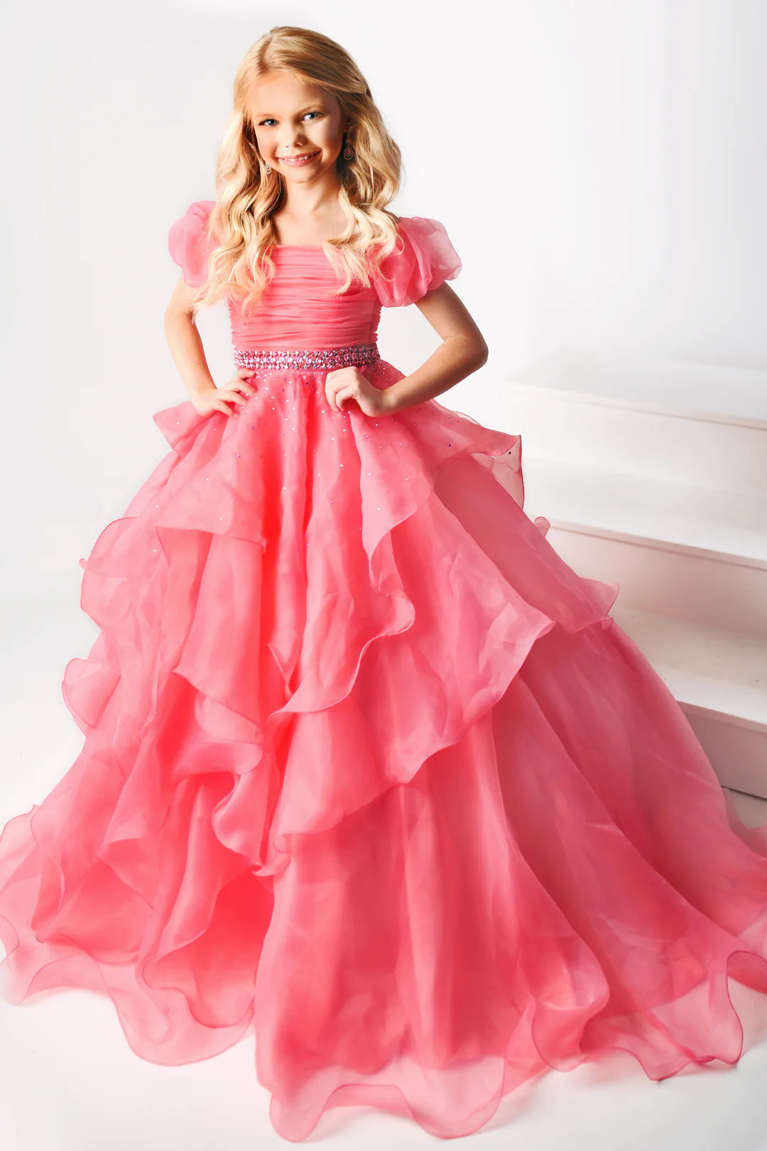 Markdowns Ava Presley 38025 Long Ruffle layer A Line Ballgown Girls Pageant Dress Puff Sleeve Off the Shoulder
