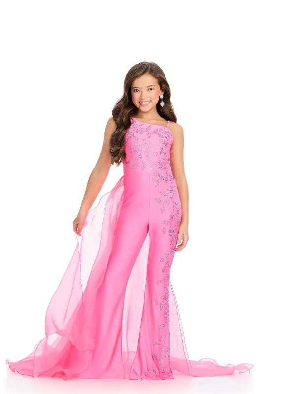 Super Deal Ashley Lauren 8274 Jersey Girls Pageant Jumpsuit Crystal Stones Side Overskirt one shoulder