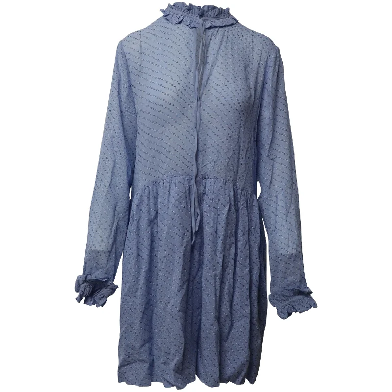 Clearance Event Ganni Ruffled Collar Printed Midi Dress in Powder Blue Viscose