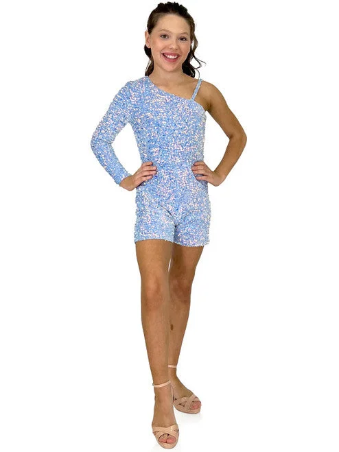 Super Sale Marc Defang 8048K Girls Pageant Romper Velvet Sequined One Shoulder Long Sleeve Fun Fashion