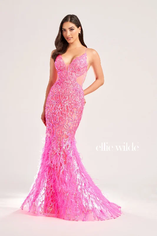 Act Now Ellie Wilde EW35006 Size 0 Hot Pink Sheer Sequin Prom Dress Backless Gown Feather Skirt Formal Gown
