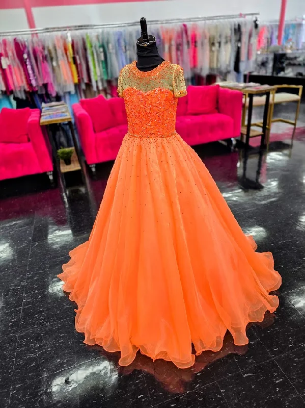 Mega Sale Ava Presley 38043 Size 10 Neon Orange Girls Pageant Dress Sheer High Neck Ballgown cap sleeve crystal organza Train