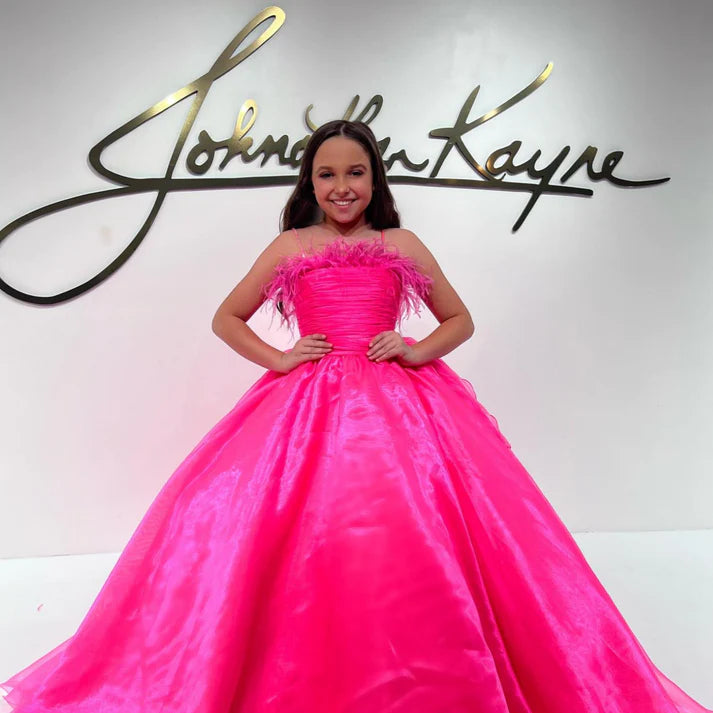Weekend Deal Sugar Kayne C330 Size 6, 10, 14 Barbie Pink Girls Preteens Pageant Dress Feather Neckline Long Organza Skirt Ruffle Train