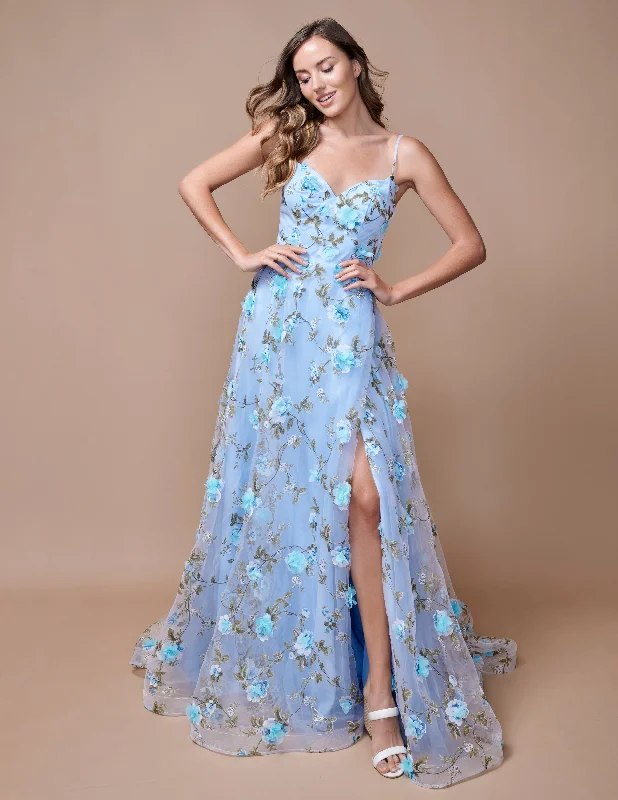 Price Reduction Nina Canacci 9150 Size 4, 12 Baby Blue A Line Floral Maxi Slit Prom Dress 3D Formal Gown Print V Neck Evening