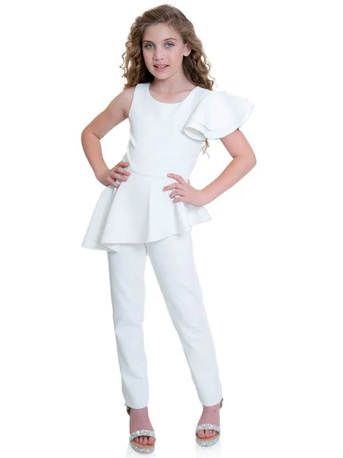 Low Prices Marc Defang 8117k girls pageant interview jumpsuit peplum skirt with one shoulder ruffle