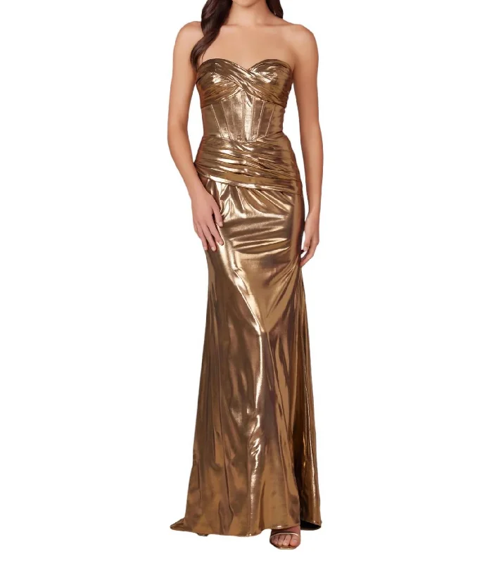 Special Savings Metallic Fitted Strapless Gown In Gold