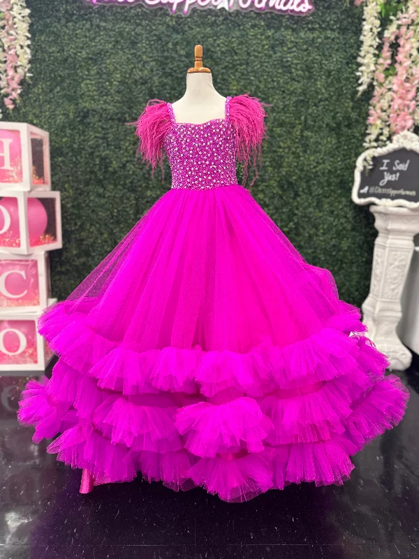 Deal Frenzy Sugar Kayne C327 Size 4 Magenta Girls Preteens Pageant Dress Feather Straps Tiered Ruffle Bottom Crystal Stone Bodice