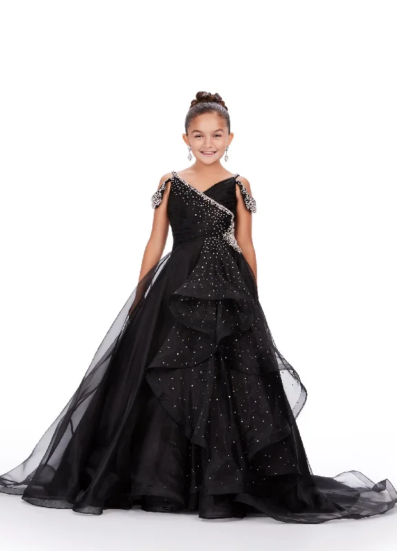 Season Finale Sale Ashley Lauren Kids 8213 Size 12 Black Girls Pageant Dress off the shoulder ballgown with ruffles