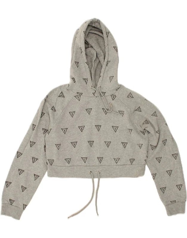 Special Offer GUESS Womens Crop Graphic Hoodie Jumper UK 14 Large Grey Cotton