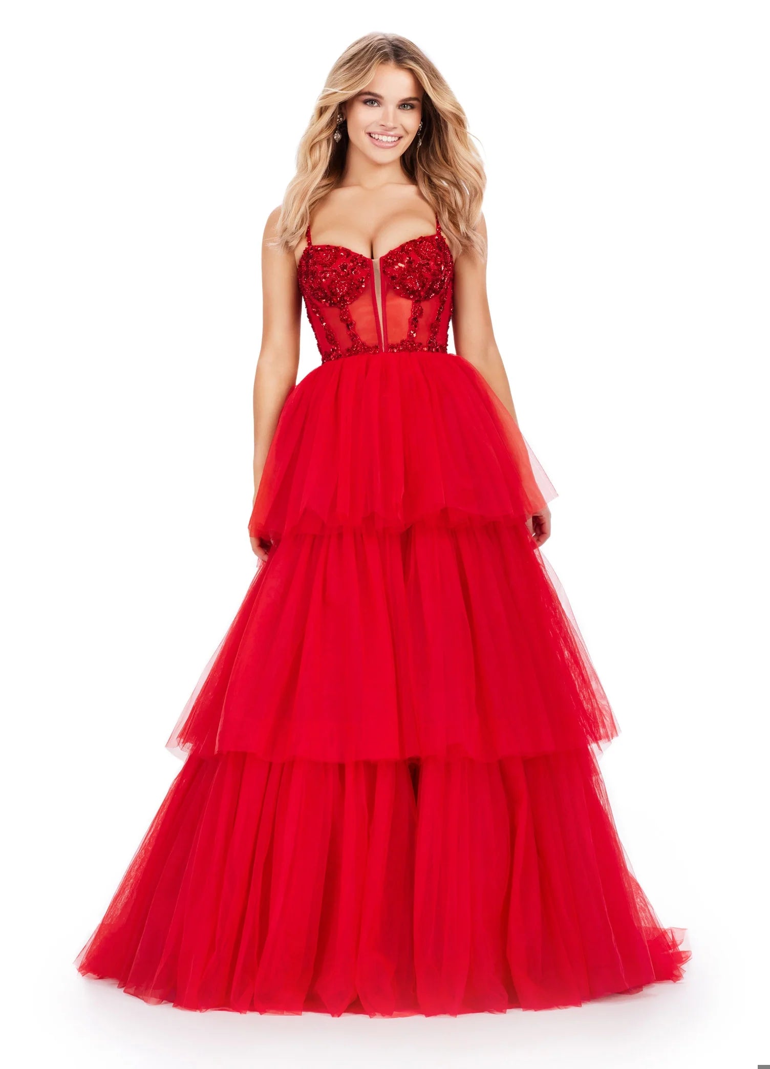 Markdown Madness Ashley Lauren 11462 Size 16 Red Sheer Beaded Corset Layer Tulle Prom Dress Ballgown Pageant Tiered Gown