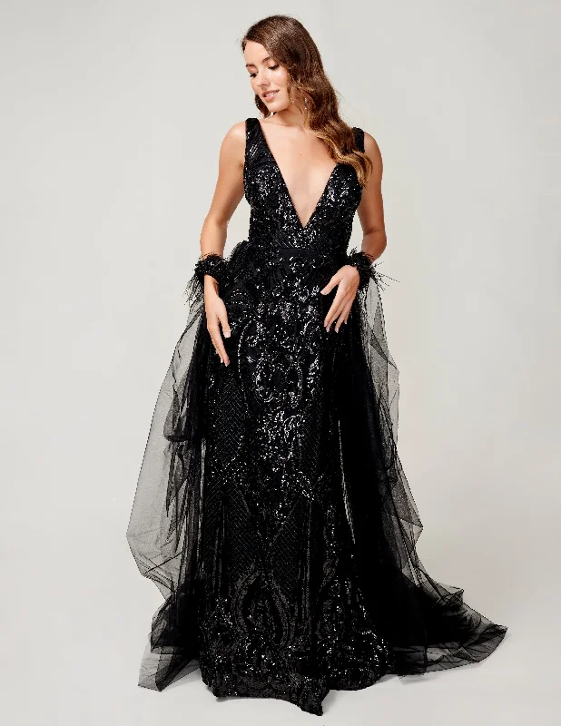 Super Bargain Nina Canacci 8224 Size 8 Black Sequin Pageant Dress Feather Cuff Overskirt Cape Gown Fitted V Neck