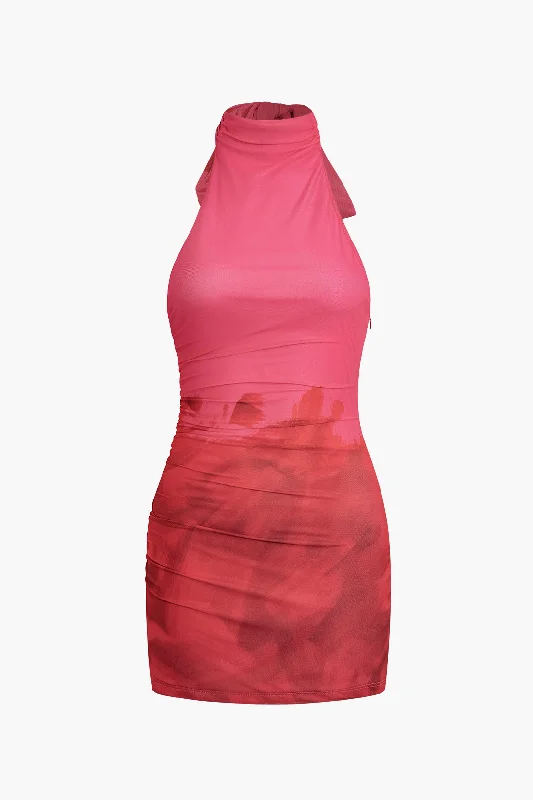 New Arrival Tie Dye Halter Backless Ruched Mini Dress