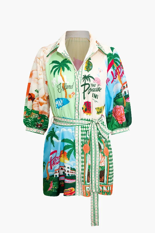 Final Clearance Tropical Print Belt Mini Dress