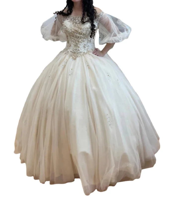 Huge Discounts Quinceañera Puff Sleeve Dress In Dark Champagne