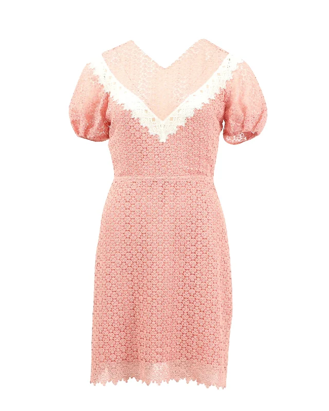 Fantastic Offers Sandro Paris Gavin Two-Tone Puff Sleeve Lace Dress in Pink Polyester