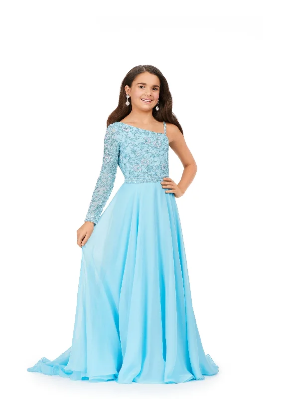 Limited Stock Ashley Lauren Kids 8197 Girls Pageant Dress One Shoulder Fully Beaded Bodice A-Line Chiffon Skirt Gown