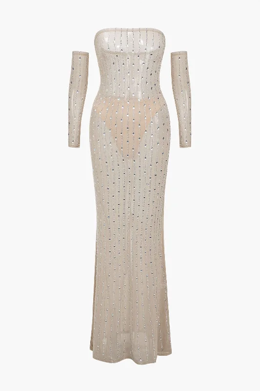 New Markdowns Mesh Zipper Rhinestone Maxi Dress With Gloves