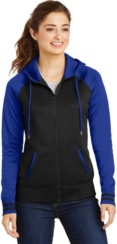 Closeout Sport-Tek LST236 Ladies Sport-Wick Varsity Fleece Full-Zip Hooded Jacket - Black True Royal