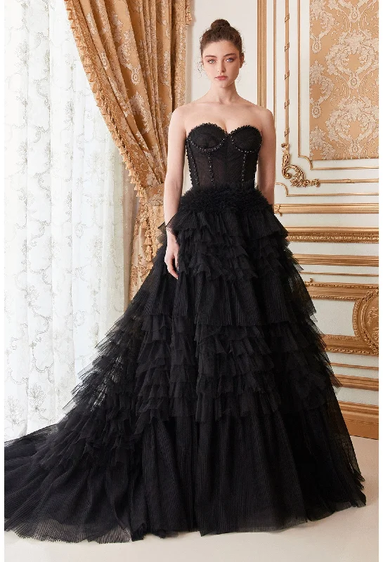 Unbeatable Prices Andrea & Leo Couture A1017 Size 10 Black Luxurious Prom Dress Long Layer Pleated Ruffle Ballgown Lace Corset Formal Gown